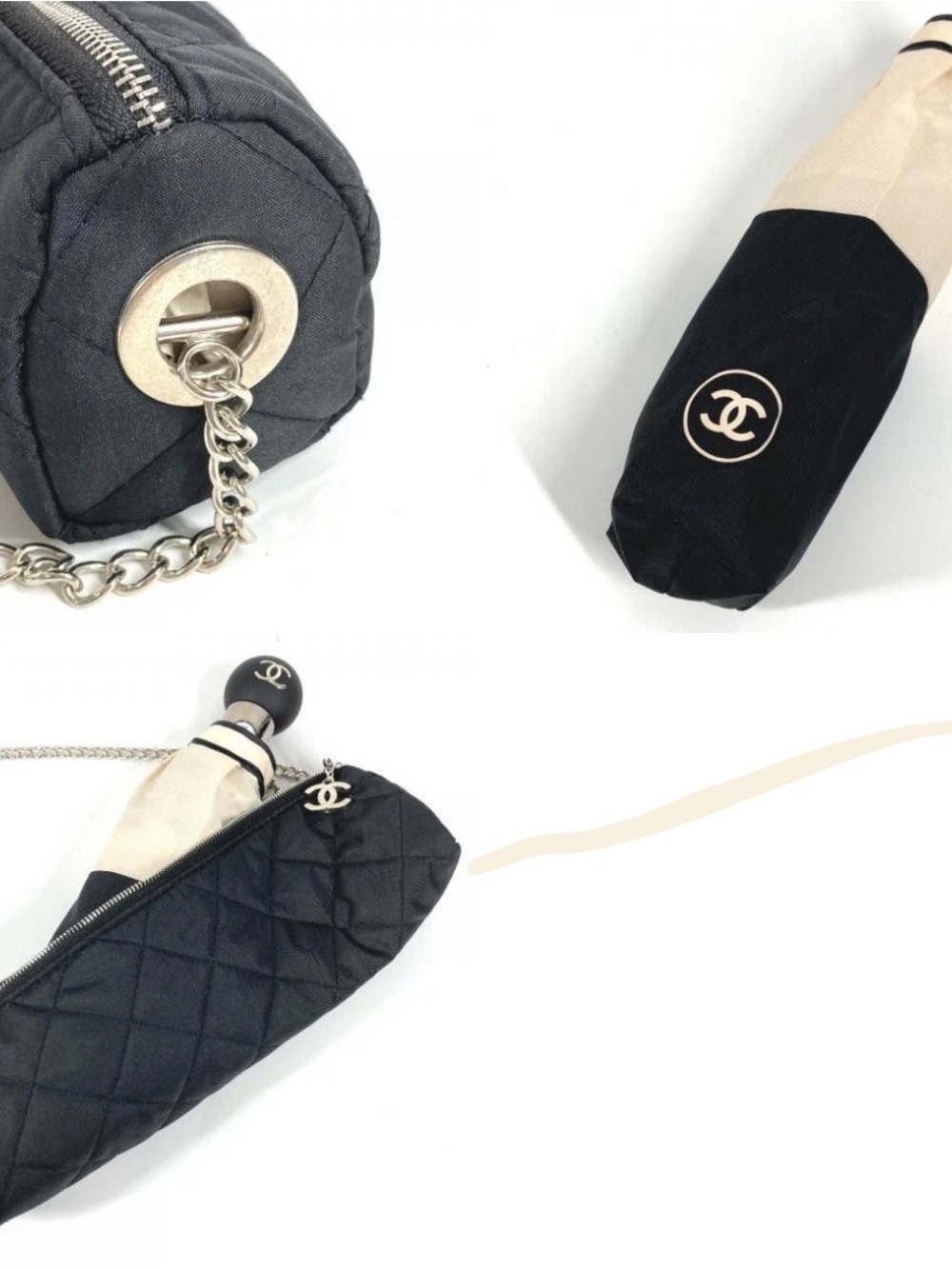 CHANEL CC Mark Compact Retractable Umbrella w/ Sleeve & Quilted Chain Case Bag